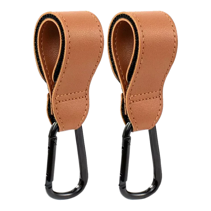Brown leather-look stroller bag clips with black metal hooks, 2-pack