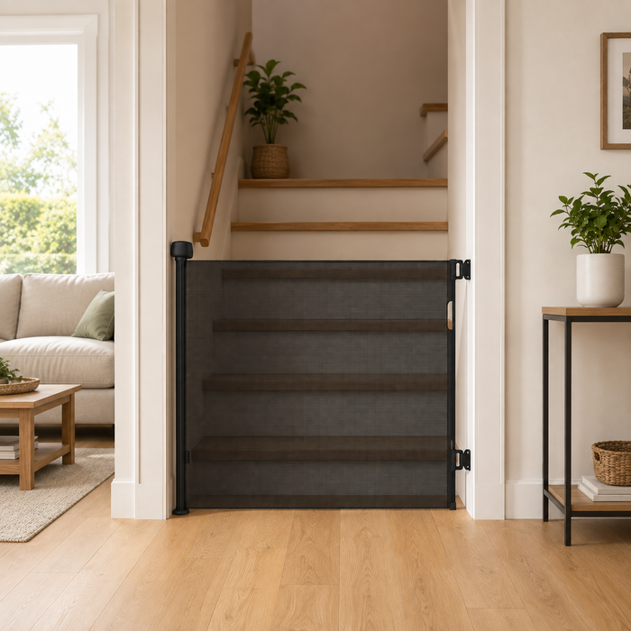 Retractable baby safety stair gate with black frame and dark fabric mesh panel