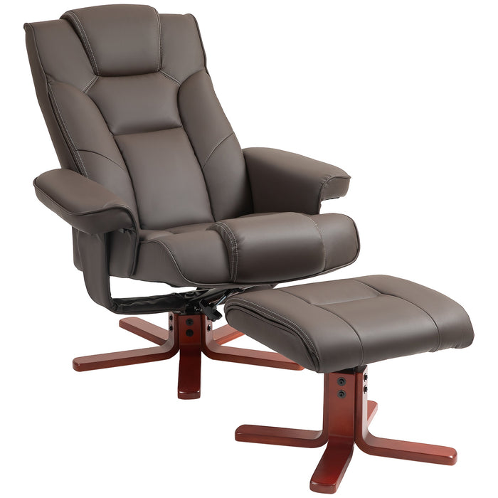 Brown faux leather recliner chair with matching footstool, padded seat and armrests