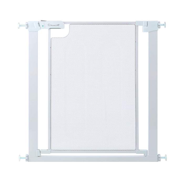 Glacial white metal mesh baby stair gate with rectangular frame and fine mesh panel
