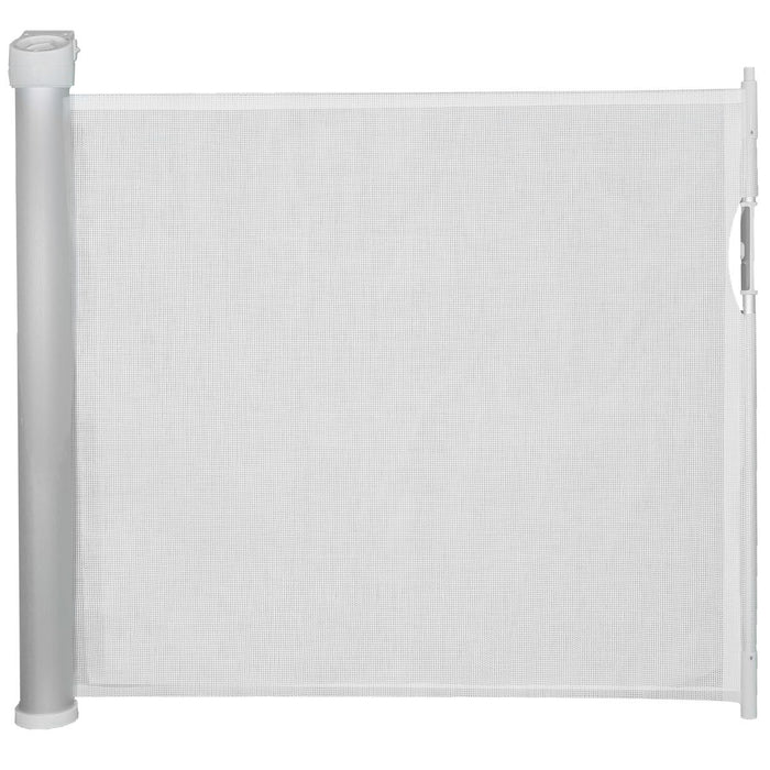 Retractable mesh stair safety gate with white posts and silver side brackets