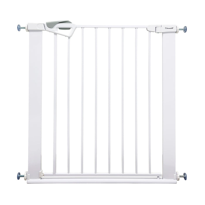 White baby and toddler pressure fit safety gate with vertical bars and wall brackets