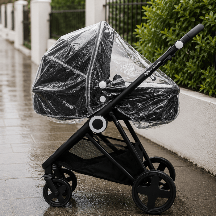 Universal rain cover for 2-in-1 prams, clear window and snap buttons, on stroller