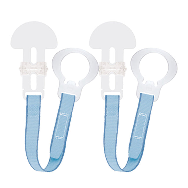 Two blue and white MAM pacifier clips with adjustable fabric straps and plastic fasteners.