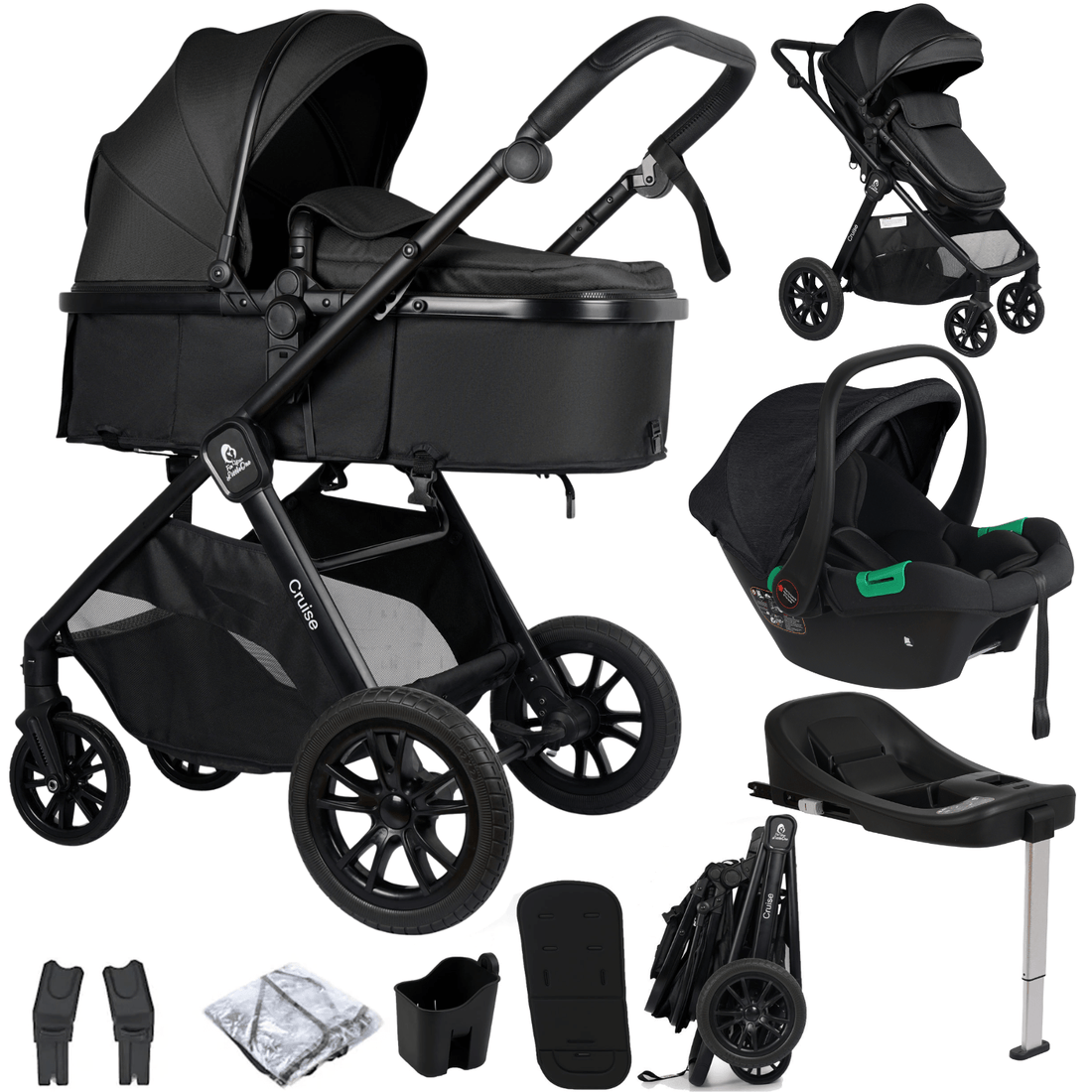 Cruise 3 In 1 Travel System With Car Seat And ISOFIX Base - Eclipse Black (Free Cupholder / Seat Liner Included!)