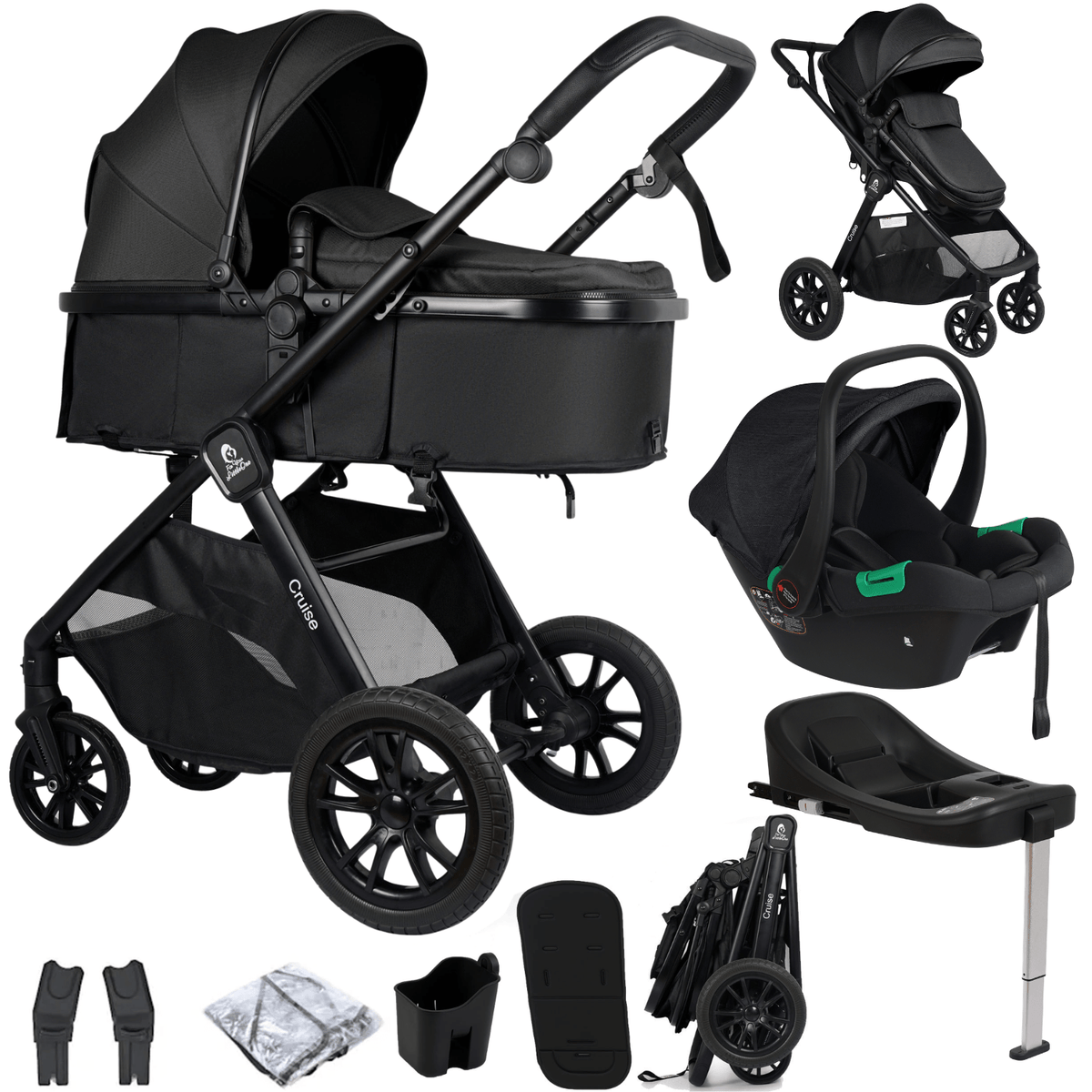 Cruise 3 In 1 Travel System With Car Seat And ISOFIX Base - Eclipse Black (Free Cupholder / Seat Liner Included!)
