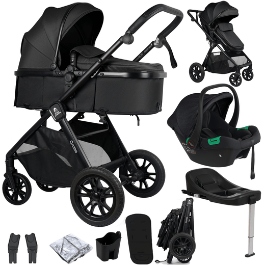 Cruise 3 In 1 Travel System With Car Seat And ISOFIX Base - Eclipse Black (Free Cupholder / Seat Liner Included!)