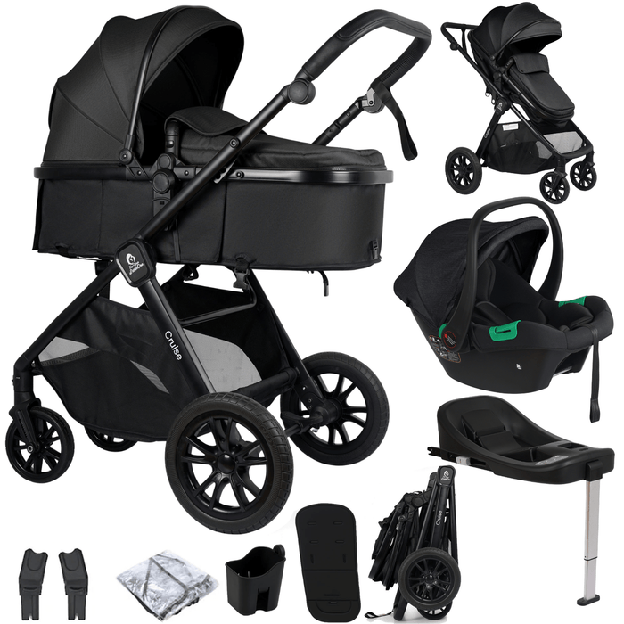 Black 3-in-1 travel system stroller with carrycot, rear seat, and dark car seat