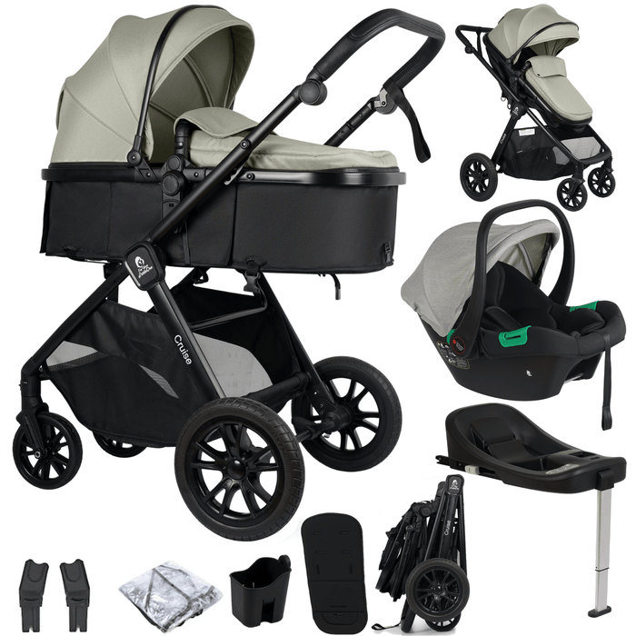 3-in-1 travel system stroller with sage seat and black chassis plus matching car seat