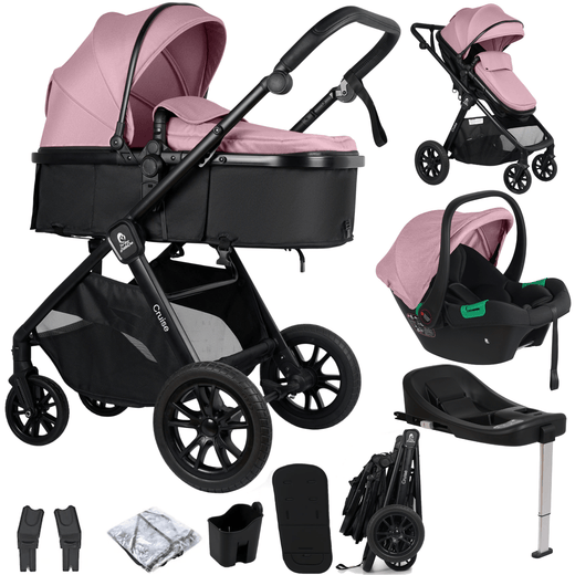 Cruise 3-in-1 Travel System with Car Seat, ISOFIX Base, Cupholder & Seat Liner – Blush Rose | For Your Little One
