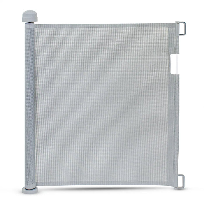 Grey retractable stair safety gate with mesh panel and side mounting brackets.