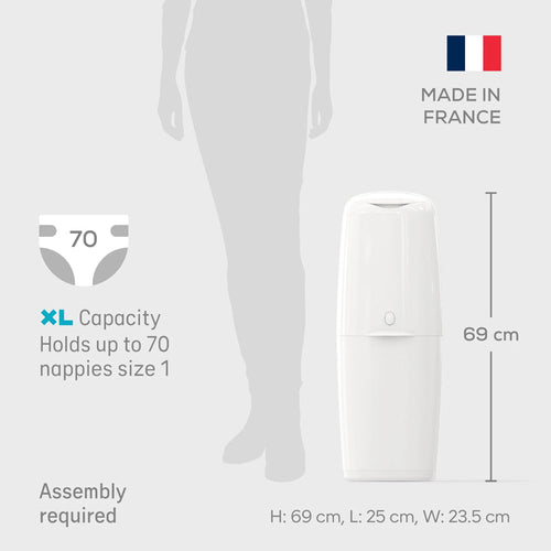 White XL nappy bin with front view and compact, stacked profile