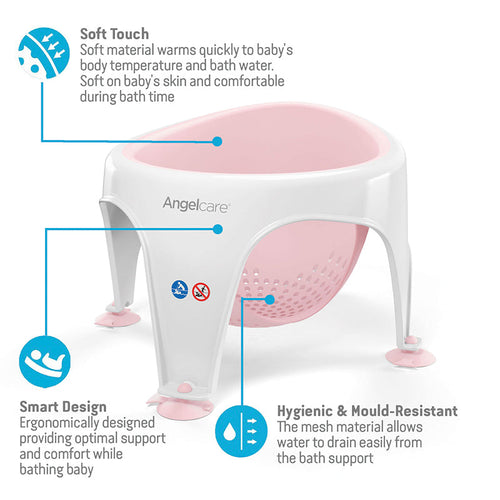 Pink soft-touch bath seat with white frame and suction base feet