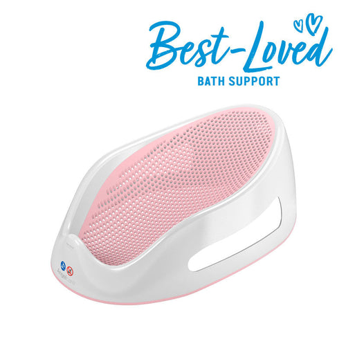 Pink bath support with textured mesh pad and curved white base