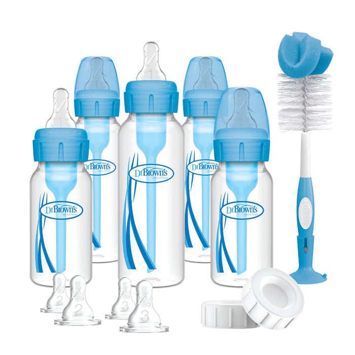 Anti-colic baby bottle gift set with blue narrow-neck bottles and cleaning brush