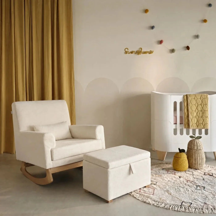 Chalk boucle nursing chair with matching ottoman/footstool, cushioned arms and seat