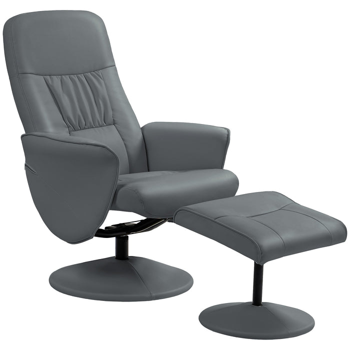 Grey PU leather swivel recliner chair with matching ottoman, round pedestal bases