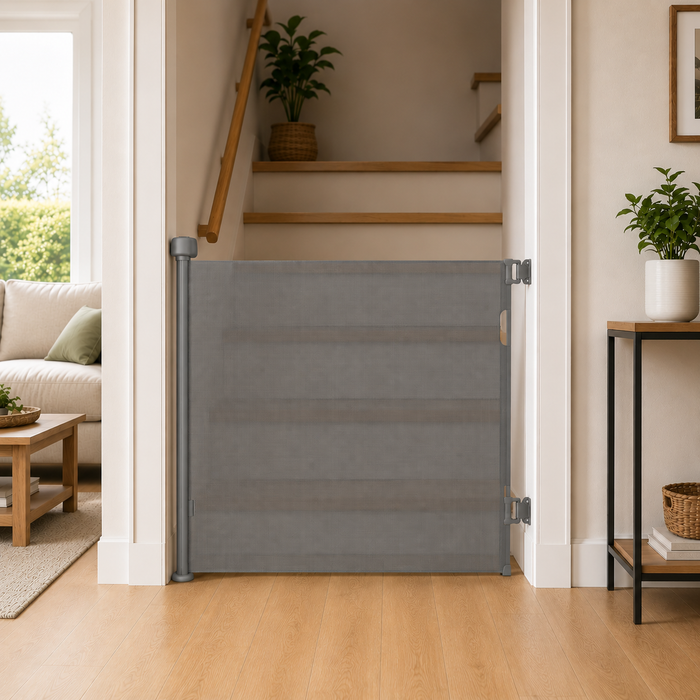 Grey retractable baby safety stair gate with fabric mesh and side posts