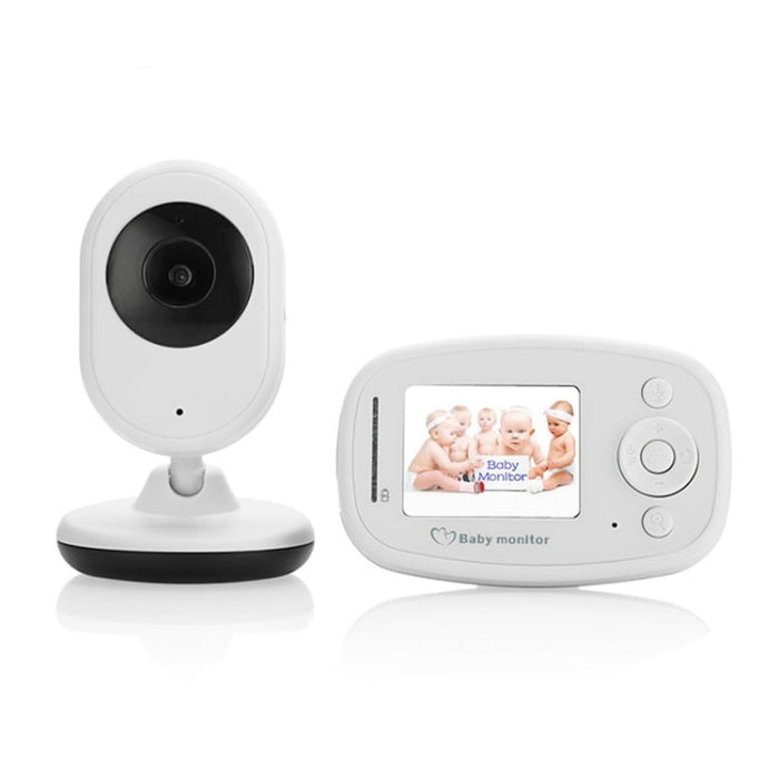 Wireless baby monitor camera with white housing, black lens, and desk base