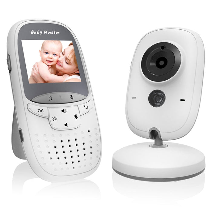 White baby monitor with handheld LCD screen and separate camera on tabletop stand.