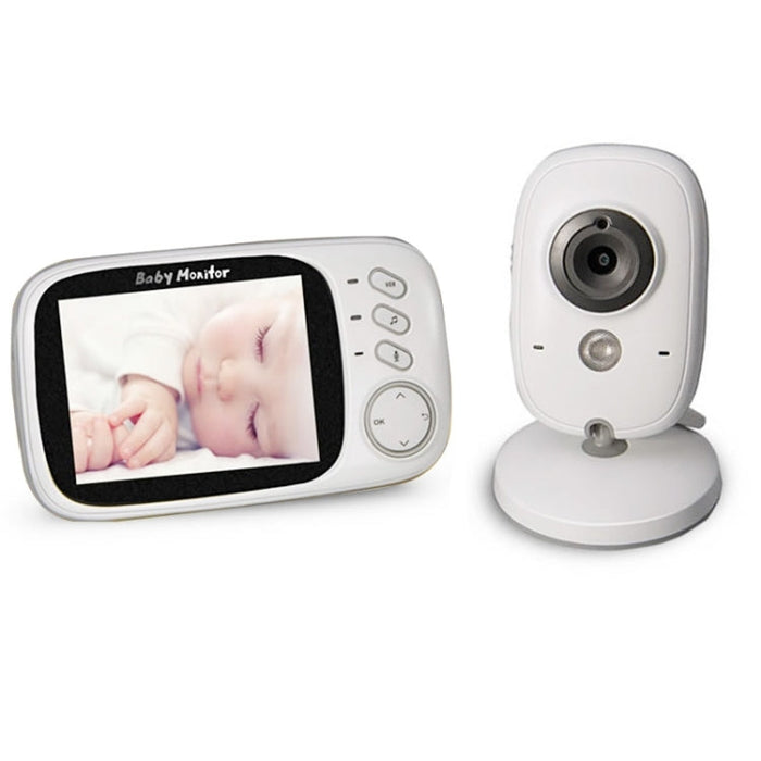 Video baby monitor with handheld LCD screen and white wireless camera on stand