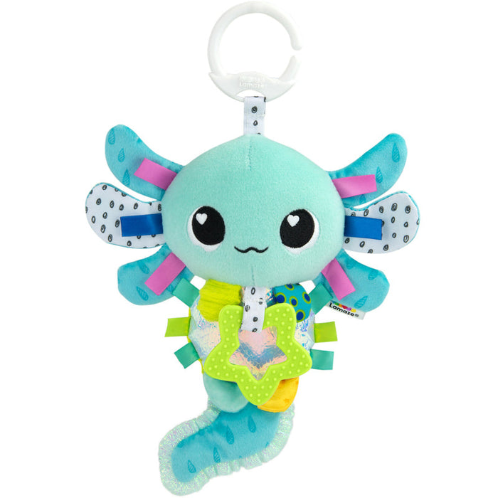 Stuffed axolotl baby toy in teal with ribbon tags and crinkle star