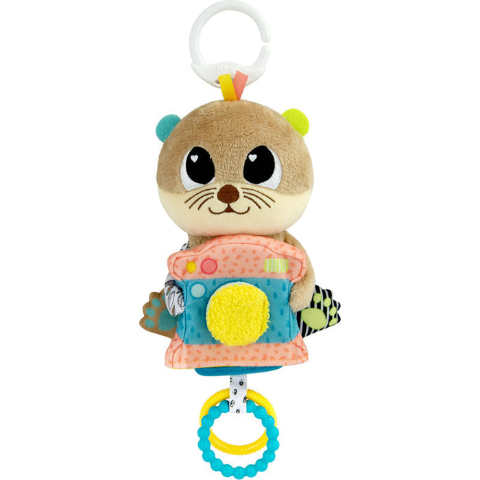 Plush raccoon baby activity toy with hanging rings and colorful fabric panels.