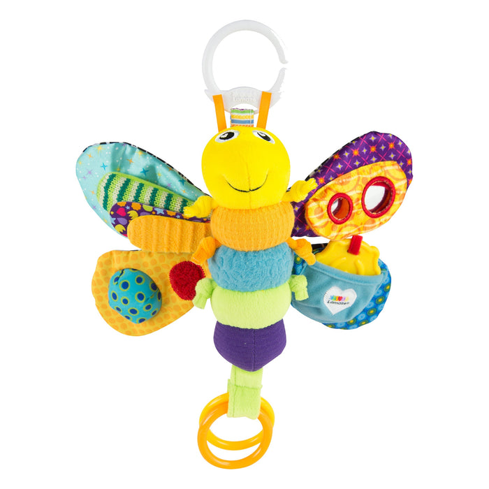 Soft plush firefly activity toy with crinkly wings and dangling mirror panel