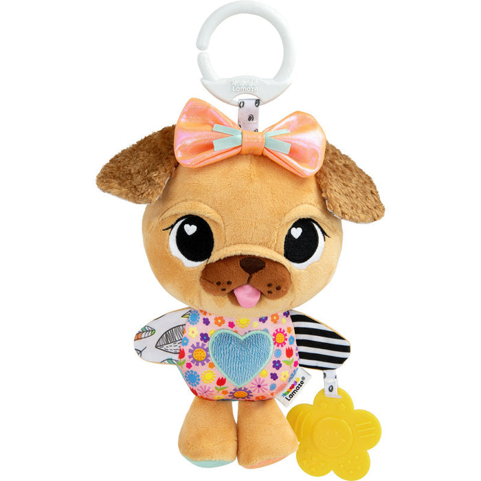 Pug plush baby lovey with orange bow, heart cloth, and yellow flower teether