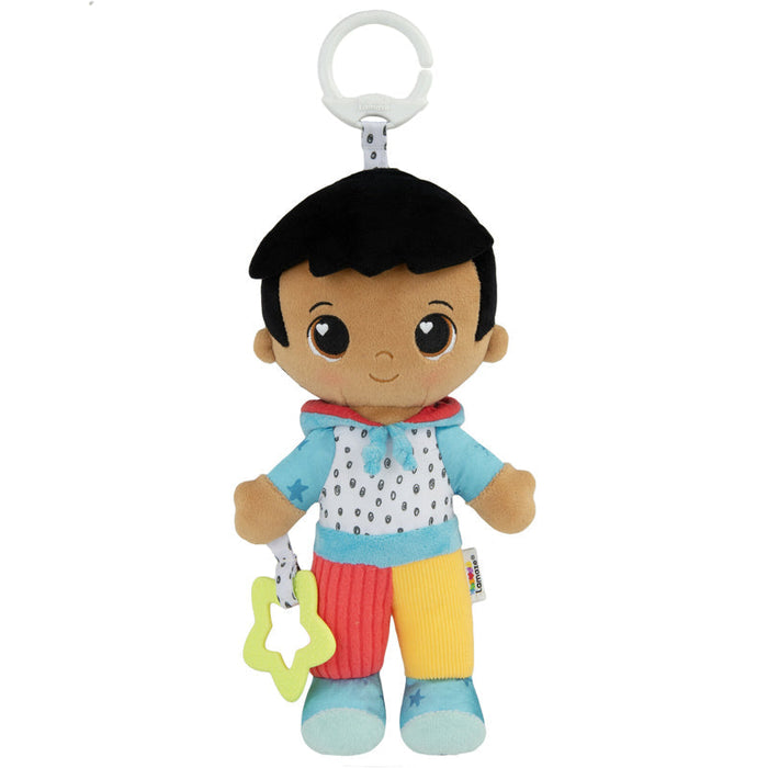 Plush baby doll with ring handle, black hair, blue shirt, rainbow pants