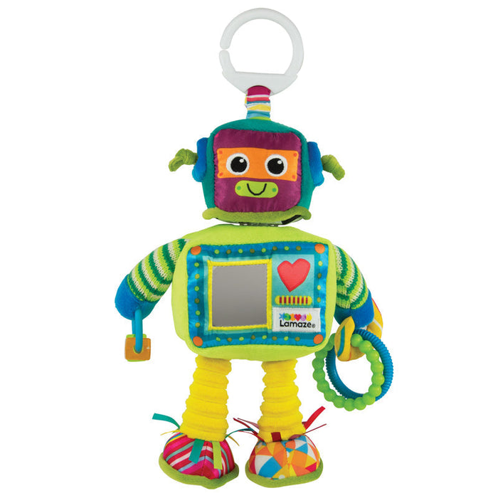Multicolor plush robot toy with face, touchscreen panel, and hanging tags