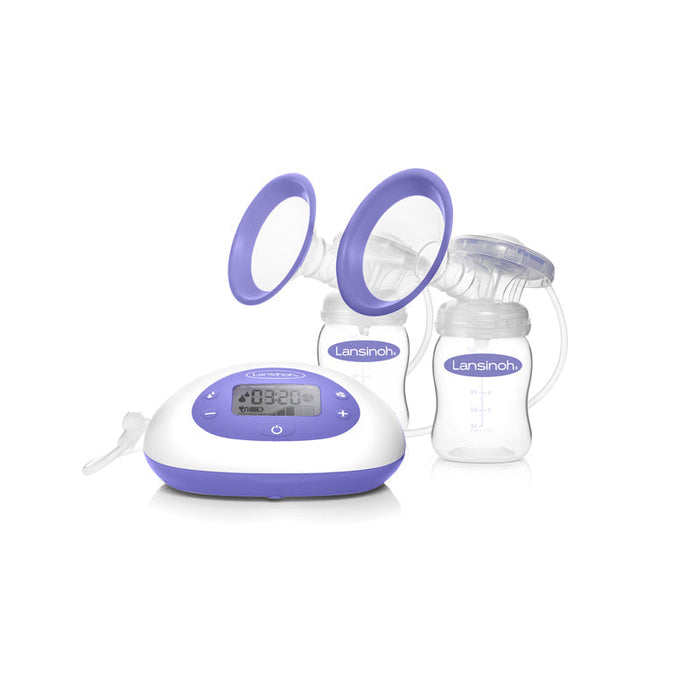 Lansinoh double electric breast pump base with two purple flanges and collection bottles