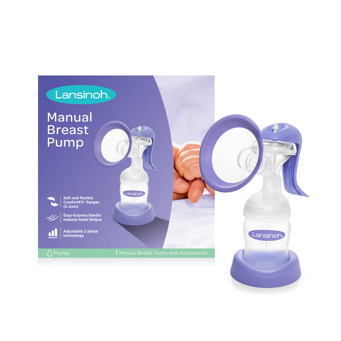 Lansinoh manual breast pump with purple shield, clear bottle, and base stand