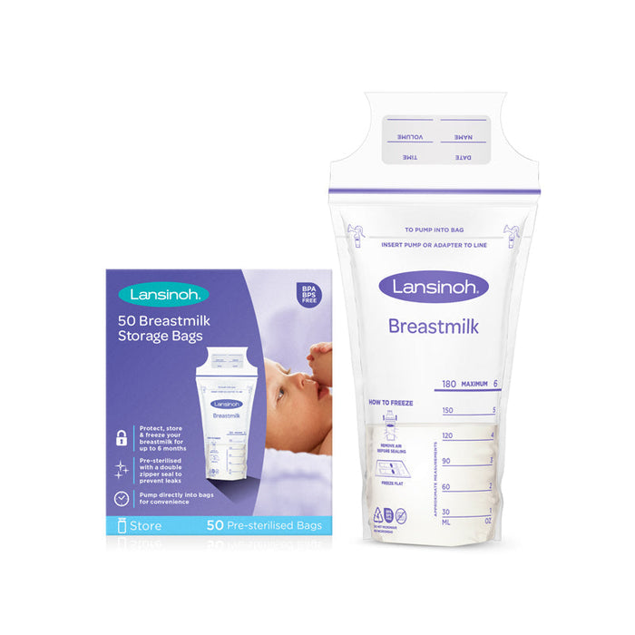 Lansinoh breastmilk storage bags 50-pack, pre-sterilised clear bags with measurement marks