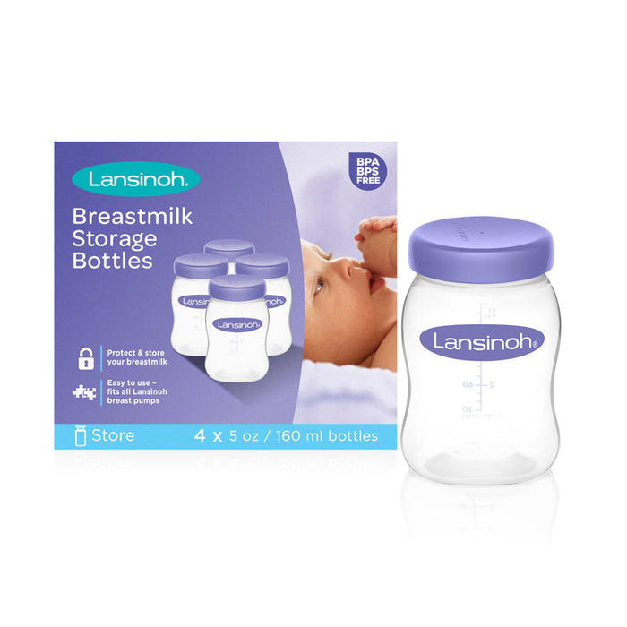 Breast milk storage bottles, 4-pack, white bottles with purple lids