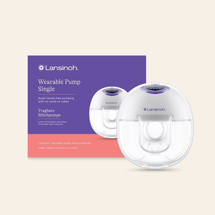 Lansinoh wearable single breast pump with purple control lid and clear collection cup