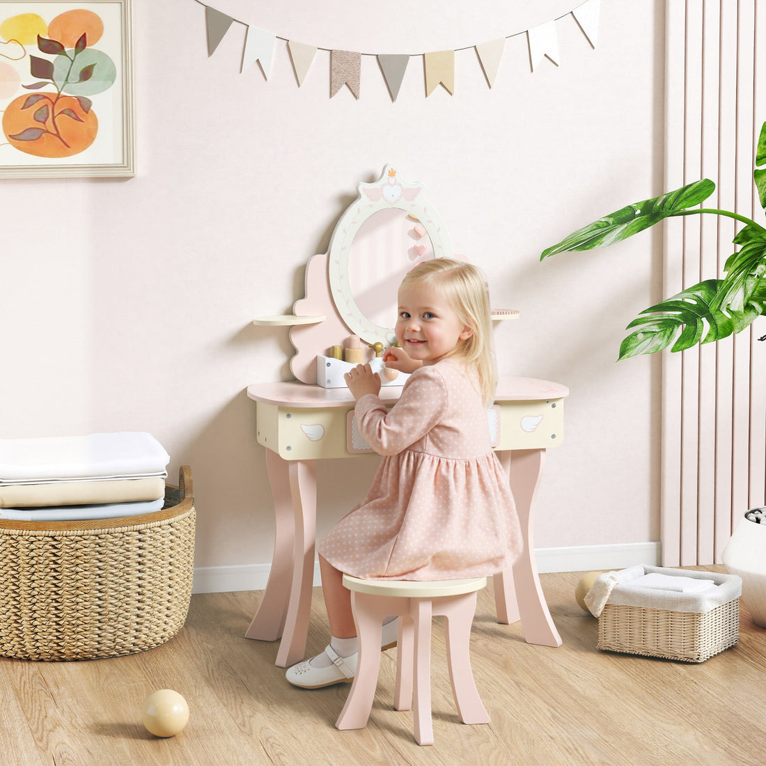 AIYAPLAY Kids Dressing Table with Mirror & Stool – Pink