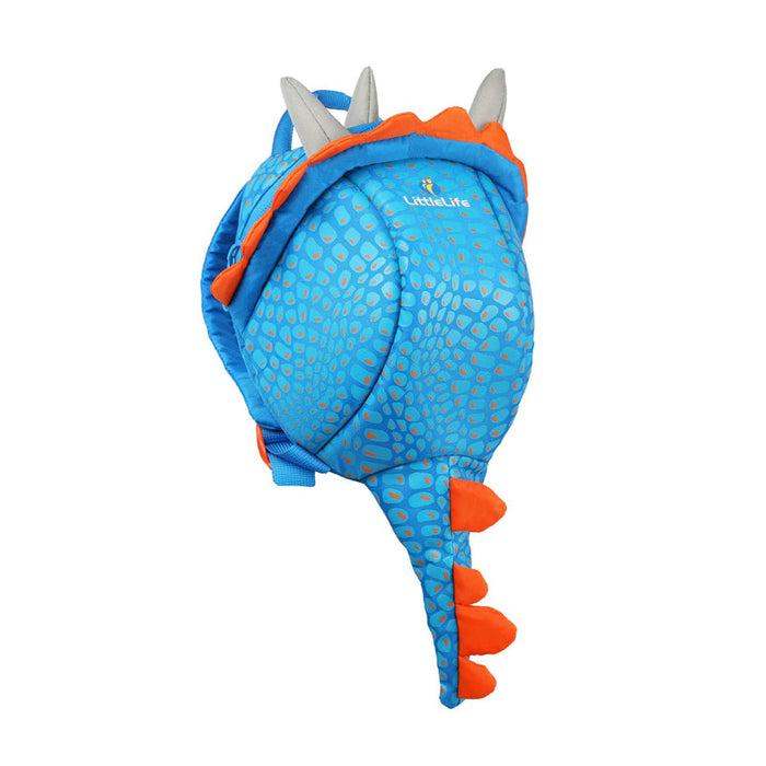 Toddler triceratops backpack with blue fabric, orange spikes, and dinosaur face pocket