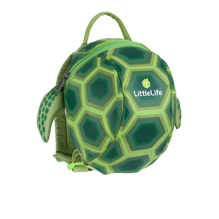 Toddler turtle-shaped backpack in green with hexagon pattern and front logo patch