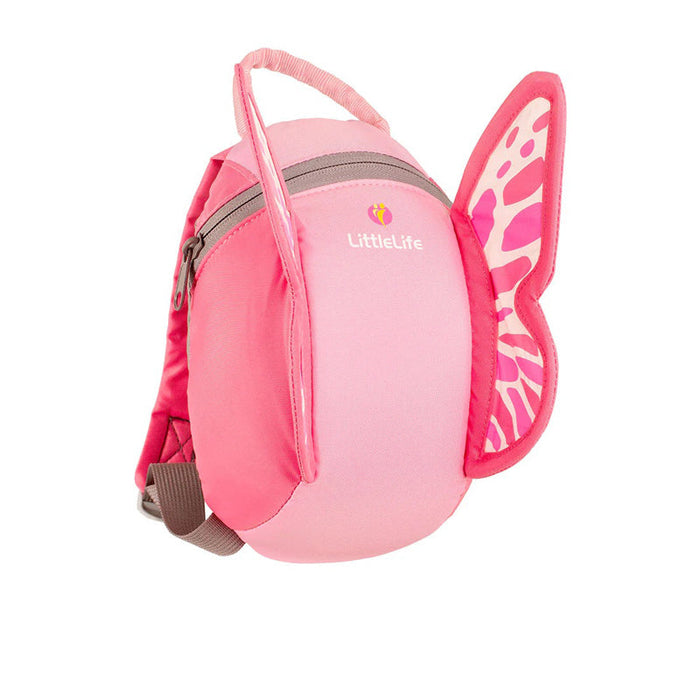 LittleLife toddler backpack in pink with butterfly wing design and front pocket