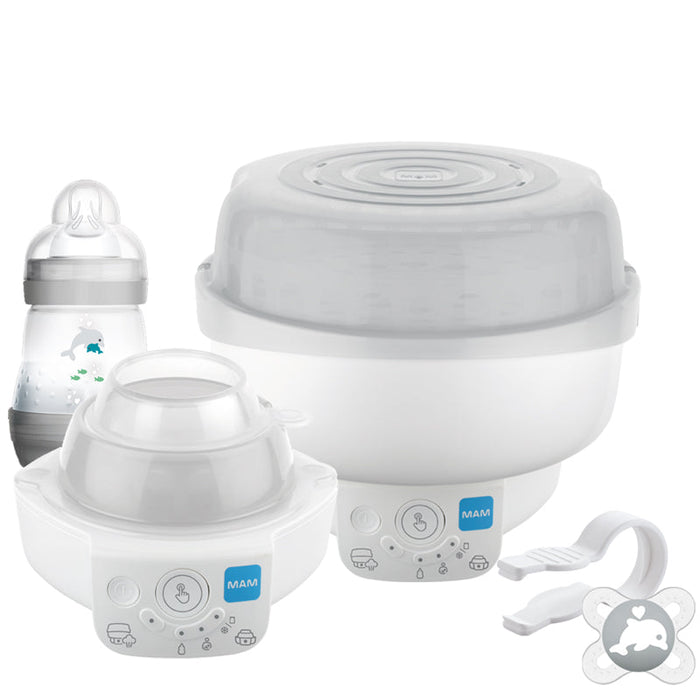White electric bottle steriliser and express warmer with lid and two bottle cups