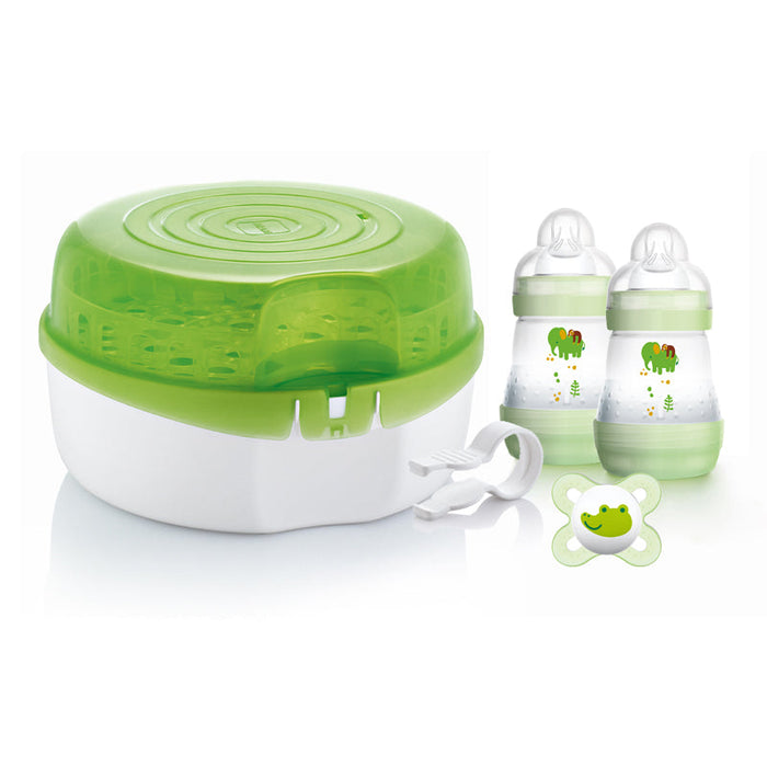Microwave steam steriliser with green lid and two baby bottles
