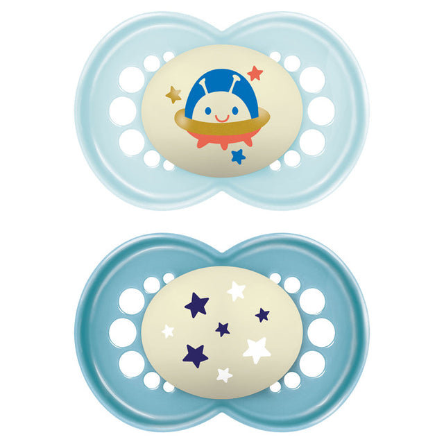 MAM blue night soothers, two-piece set with space-themed designs and ventilated shields