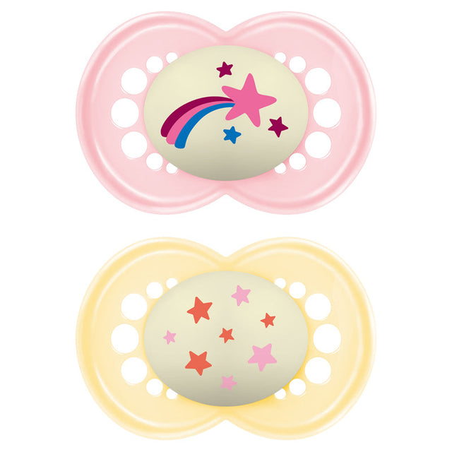 MAM Night soothers, two-piece set with pink and pale yellow shields and star designs