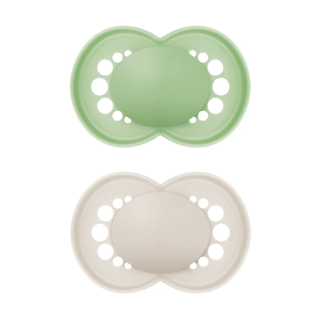 MAM Original soothers, two-piece set in pale green and ivory with ventilated shields.