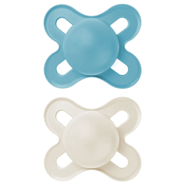 MAM Start soothers in blue and cream, with curved shields and open side loops