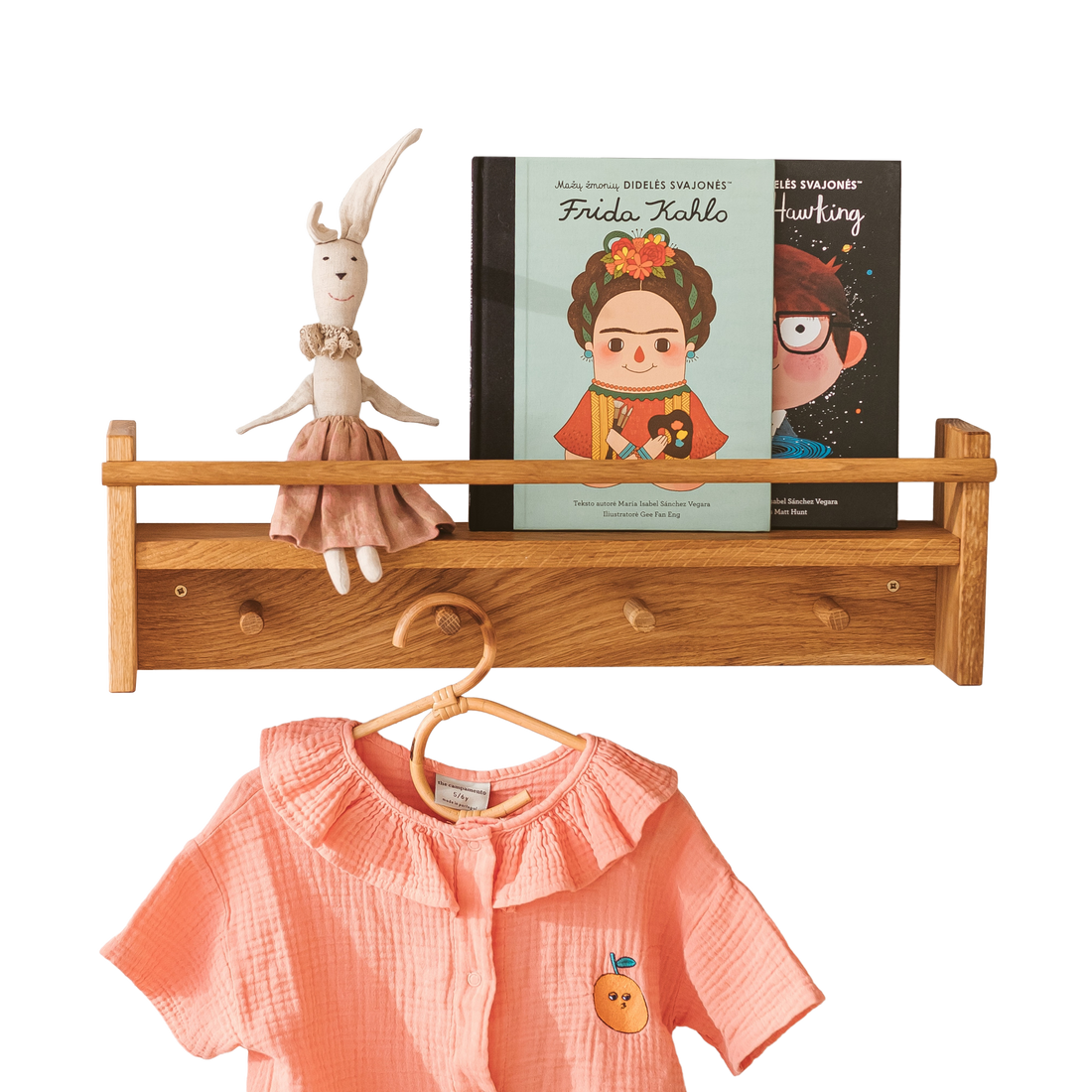 MINICAMP Solid Oak Floating Kids Bookshelf with Coat Hooks