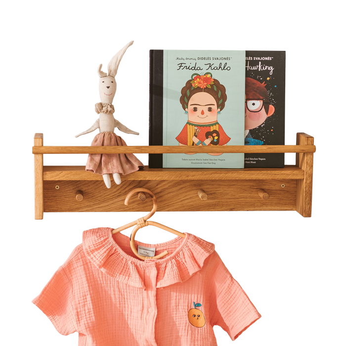 MINICAMP Solid Oak Floating Kids Bookshelf with Coat Hooks