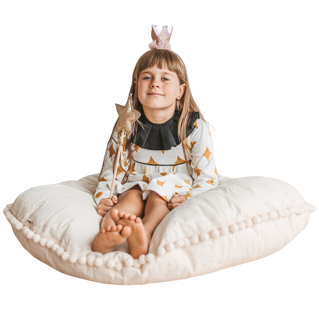 MINICAMP Large Floor Cushion with Pom Poms in Ecru