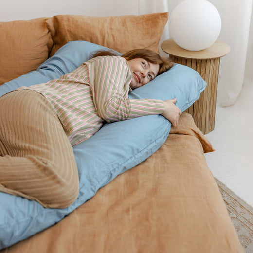 MINICAMP U-Shaped Pregnancy Pillow with Natural Sateen Cotton Cover in Stone Blue | Kapok & Latex Blend or PES Filling